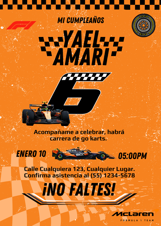 🏁 Plantilla Cumpleaños F1 McLaren | ¡Velocidad, Diversión y Estilo Naranja! 🧡🏎️⚡