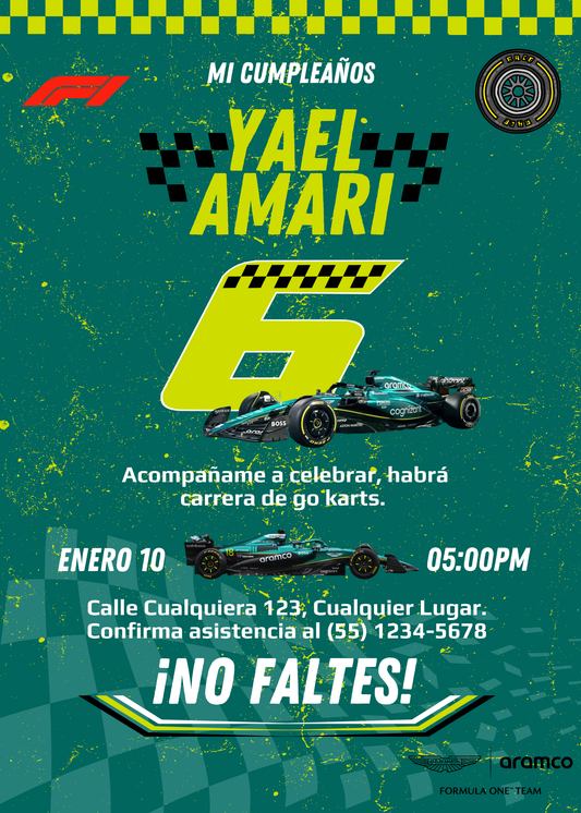 🏁 Plantilla Cumpleaños F1 Aston Martin | Velocidad, Diversión y Estilo 💚💛⚡🏎️